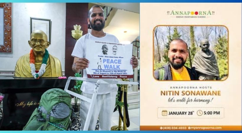 നിതിൻ സോനാവാനെ മഹാത്മാഗാന്ധിയുടെ സമാധാന സന്ദേശം പ്രചരിപ്പിക്കുന്നതിനായി കാൽ നടയായി യുഎസിൽ.