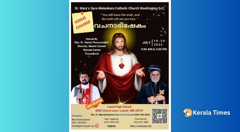 ബഹുമാനപ്പെട്ട ഡാനിയേൽ പൂവണ്ണത്തിലച്ചന്റെ നേതൃത്വത്തിൽ വാഷിങ്ടണിൽ മൂന്നു ദിവസത്തെ മലയാളം വചനാധിഷ്ഠിത കത്തോലിക്കാ ധ്യാനം