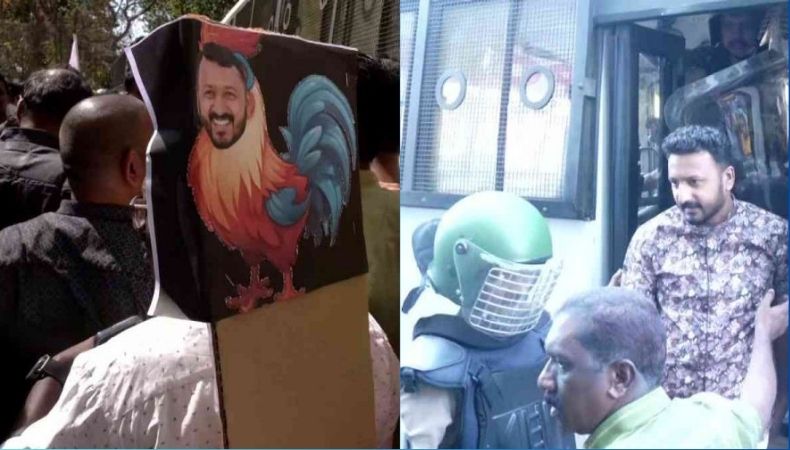 ‘നമ്പർ വൺ കോഴി’ ട്രോഫിയുമായി യുവമോർച്ച; രാഹുലിനെ കോടതിയിലെത്തിച്ചപ്പോൾ പ്രതിഷേധം
