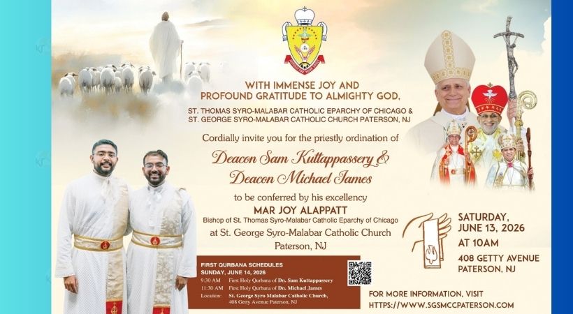 ഡീക്കൻ സാം കുട്ടപ്പശ്ശേരിയും ഡീക്കൻ മൈക്കിൾ ജെയിംസും ഇന്ന് വിശുദ്ധ പൗരോഹിത്യ സ്വീകരണത്തിലേക്ക്, ന്യൂജേഴ്സി പാറ്റേഴ്സൺ സെന്റ് ജോർജ് ഇടവകയിൽ എല്ലാ ഒരുക്കങ്ങളും പൂർത്തിയായി.